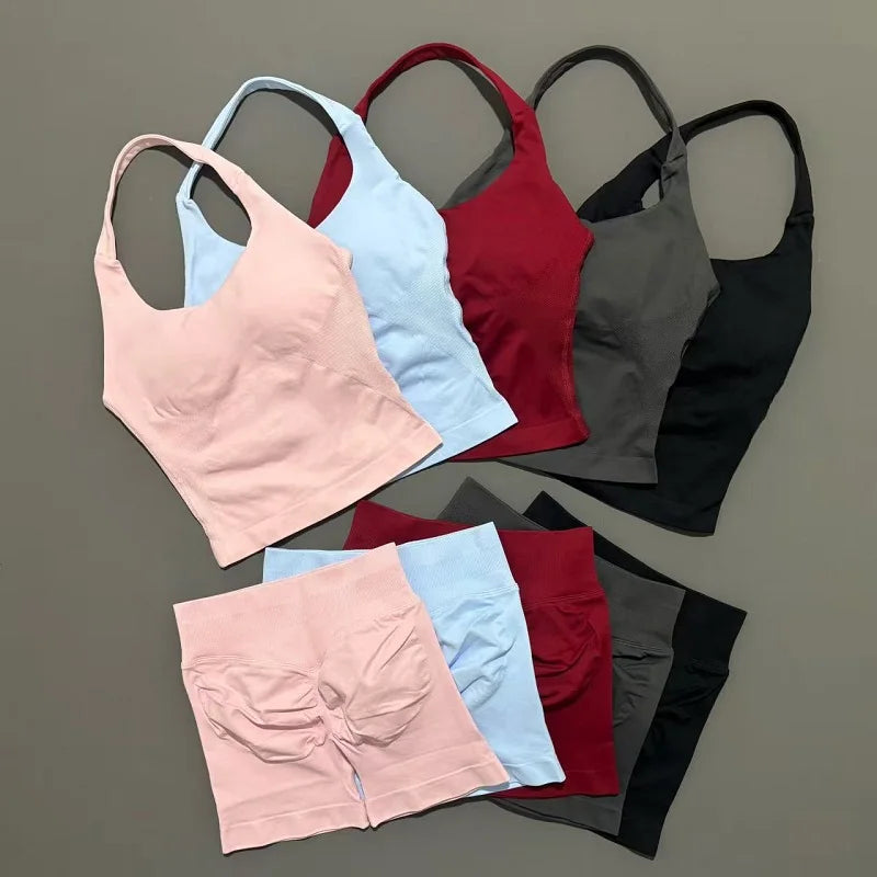 2 Pcs HISTELLO Halter Top Strappy Bra Shorts Set Women Yoga Workout Clothes Seamless Vest Hip-Lifting Sports Leggings Gym Suit