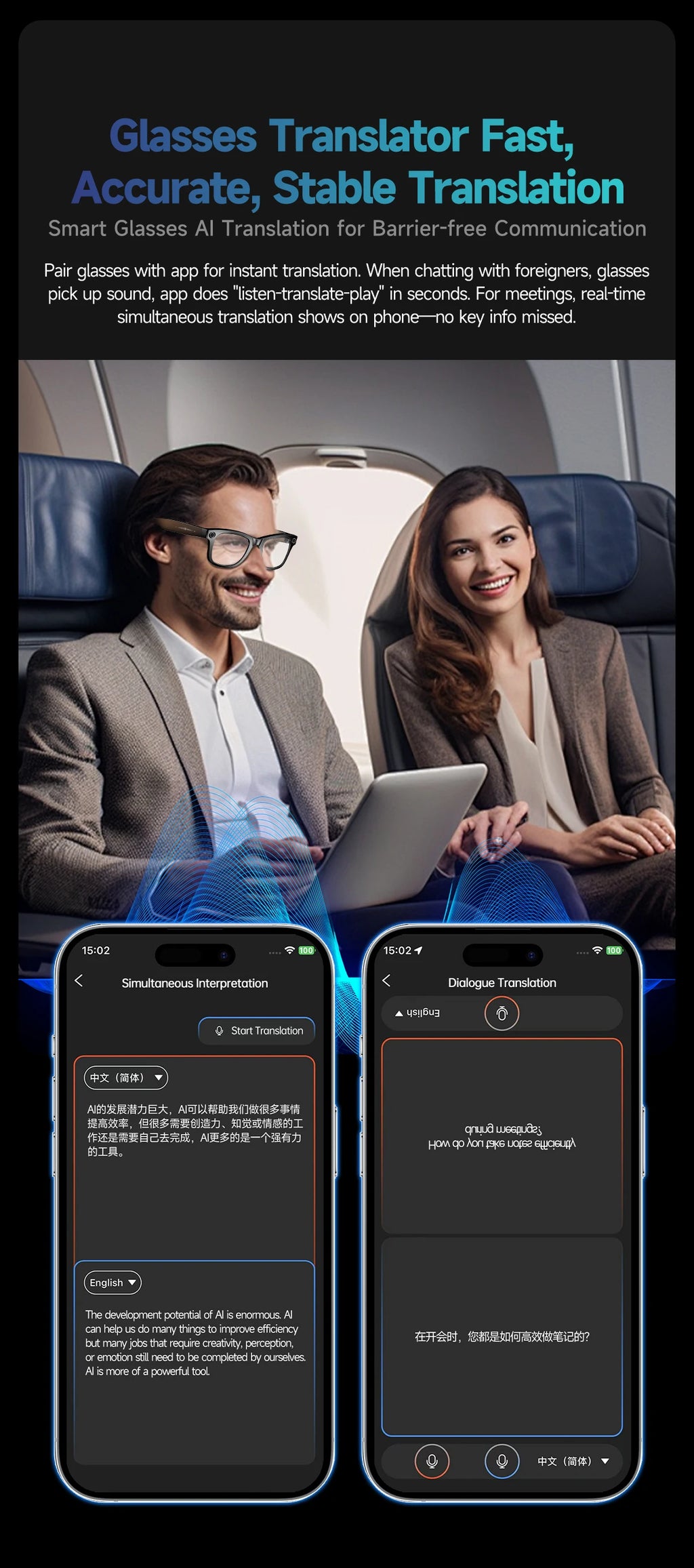 AI Smart Glasses with 8MP Camera Video Recording 100+ Languages Translation Blue LightSunglasses Bluetooth Call WIFI Men Women