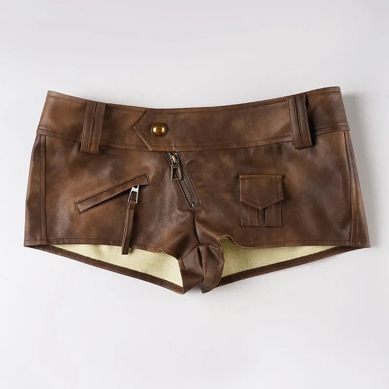 Street Style Spice Girls Fashion New Sexy Brown Pu Leather Super Shorts Women Low Waist Tight Hip Wrap Hot Pants