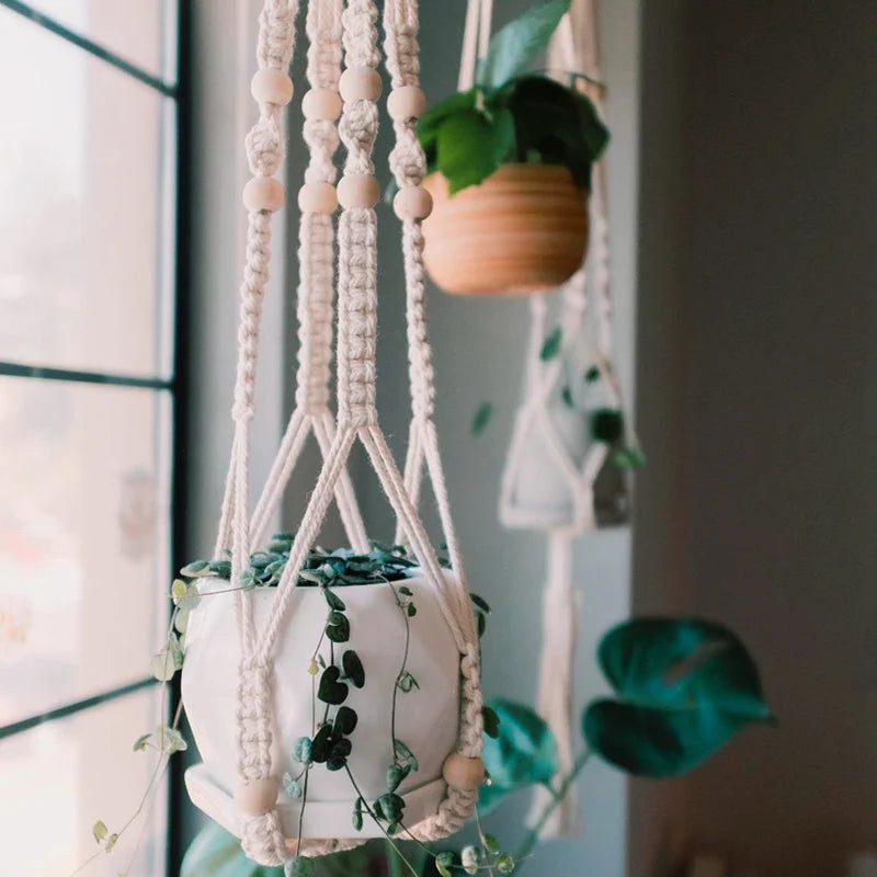 Macrame Plant Hanger – Handmade Hanging Rope Basket for Flower Pots