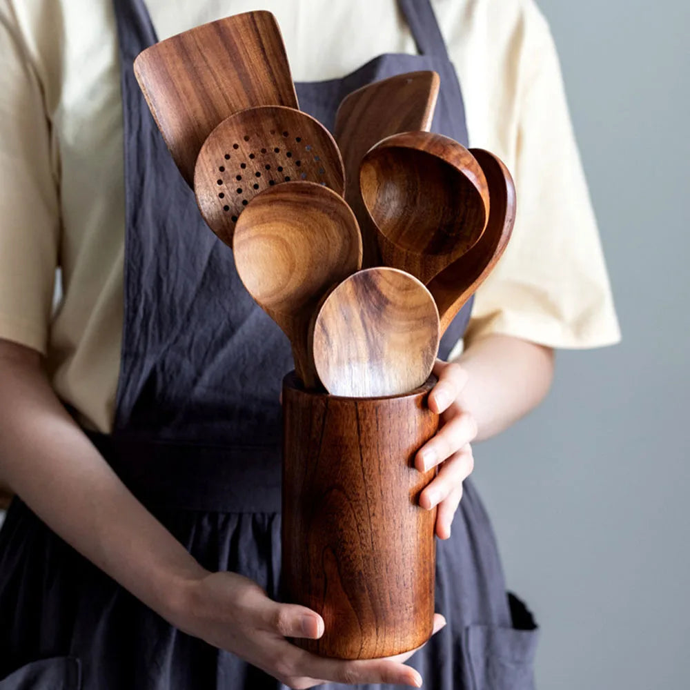 Wooden Kitchenware Cooking Shovels Spoon Colander Kitchen Utensils Set Household Cutlery Rack Teak Natural Wood Cookware
