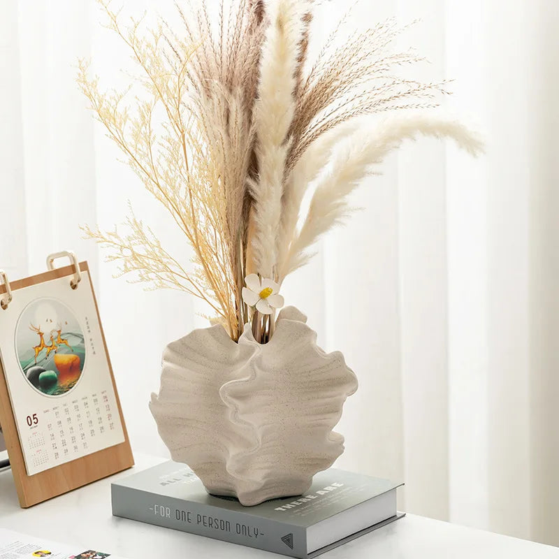 Ceramic Flower Vase Geometric Wavy Petal Design Porcelain Vase Home Decor