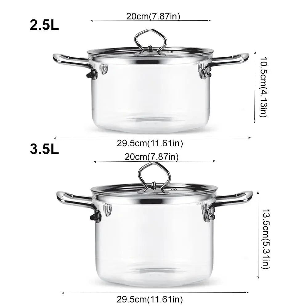 Heat-resistant glass double-eared transparent soup pot kitchen household high borosilicate glass stainless steel handle noodle