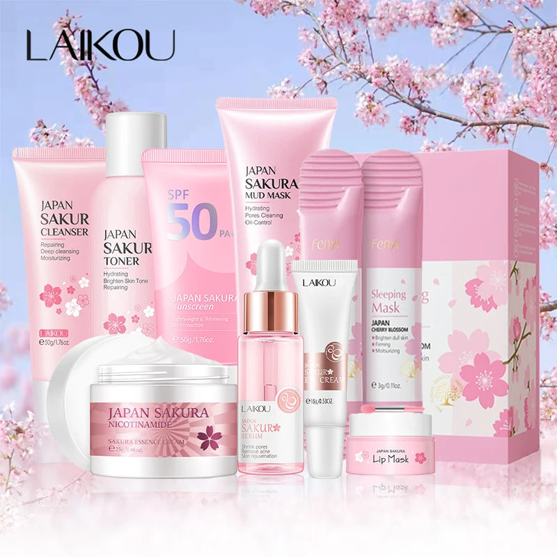 9-Piece Sakura Skincare Set – Facial Cleanser Cream Sunscreen & Masks for Glowing Skin