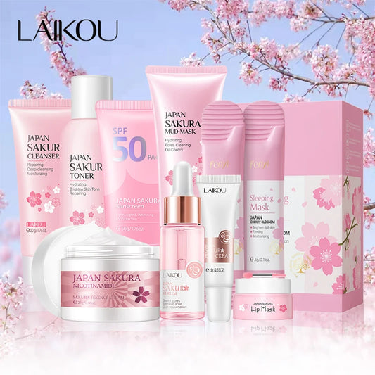 9-Piece Sakura Skincare Set – Facial Cleanser Cream Sunscreen & Masks for Glowing Skin