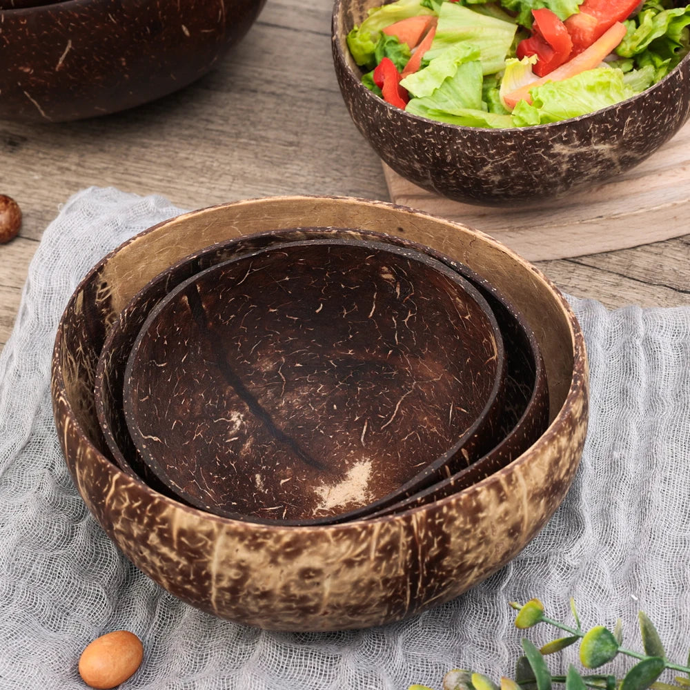 12-15cm Natural Coconut Bowl Serving Dishes Fruit Salad Wooden Reusable Utensils Polished Coconut Shell Bowls Breakfast Party
