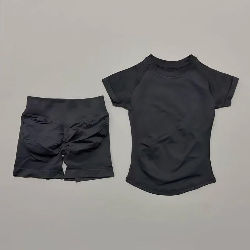 2 Piece Impact Sports Set Women Gym Yoga Set Seamless Fitness Gym Clothes Sportswear Short Sleeve Top Sports Short Leggings Suit