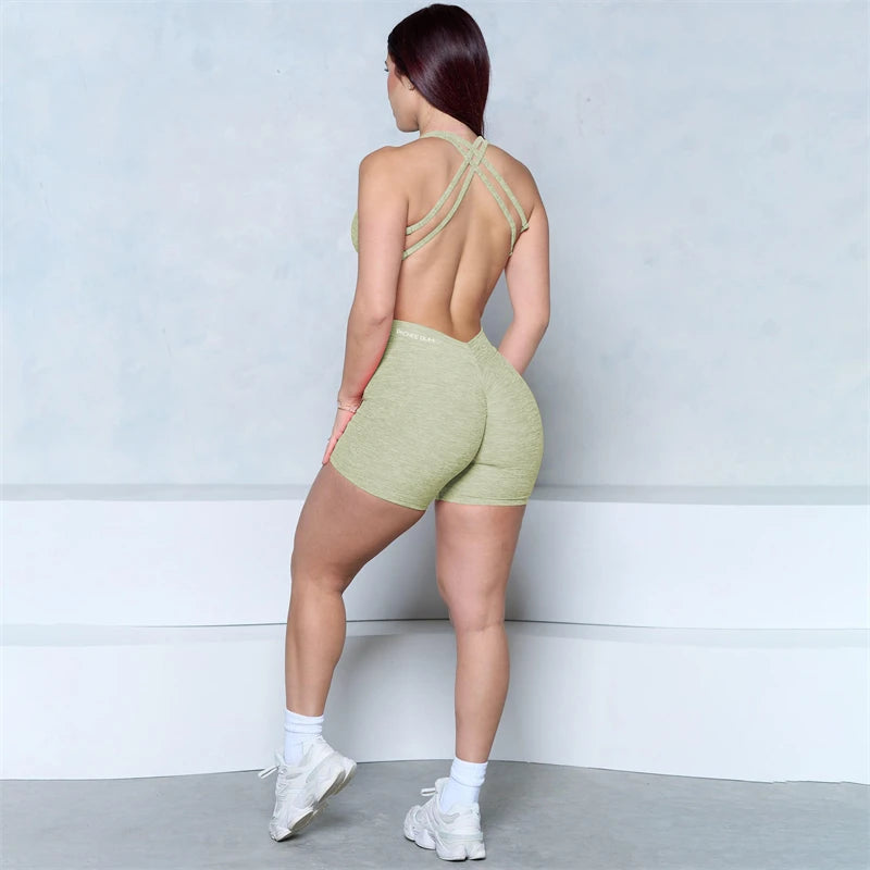 Women’s V-Back Scrunch Butt Romper – One-Piece Yoga & Gym Jumpsuit