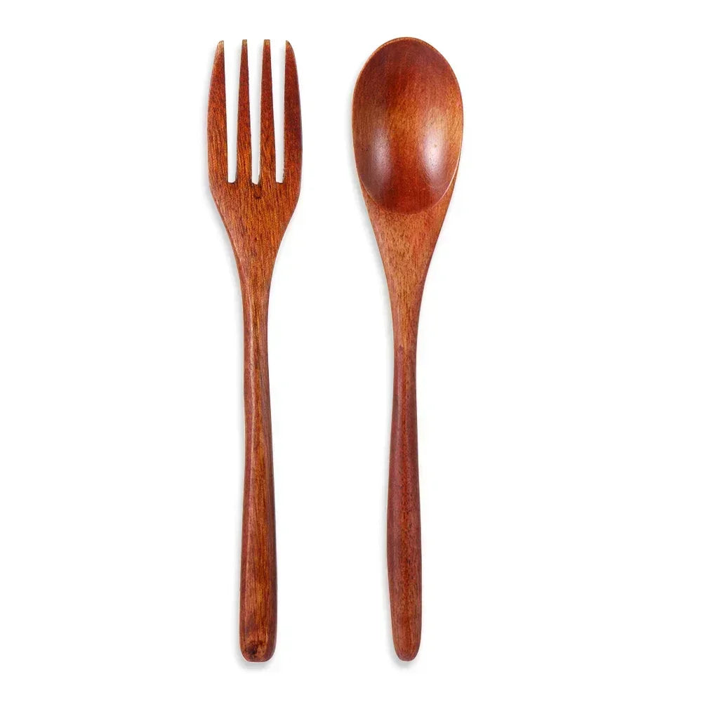 Portable Wooden Cutlery Set – Reusable Bamboo Spoon Fork Knife with Bag