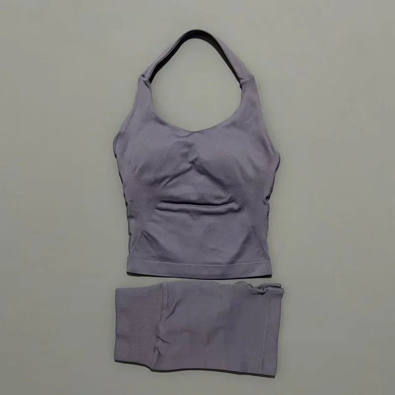 2 Pcs HISTELLO Halter Top Strappy Bra Shorts Set Women Yoga Workout Clothes Seamless Vest Hip-Lifting Sports Leggings Gym Suit