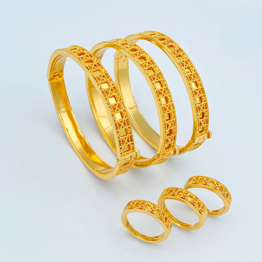 Gold Plated Hollow Jewellery Set with Bangles and Rings for Women – Elegant Gift for Parties & Special Occasions