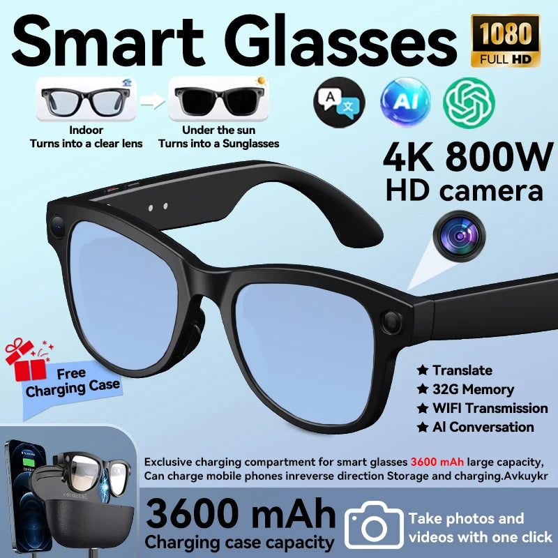 2026 New 800W 4K HD AI Smart Glasses Men Record Video 3600mAh Battery 120 Languages Translation Music Player Glasses With Camera