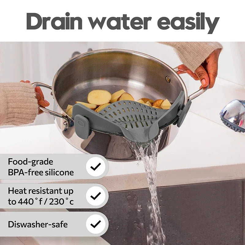Silicone Clip On Pot Strainer – Universal Pasta & Vegetable Pan Colander