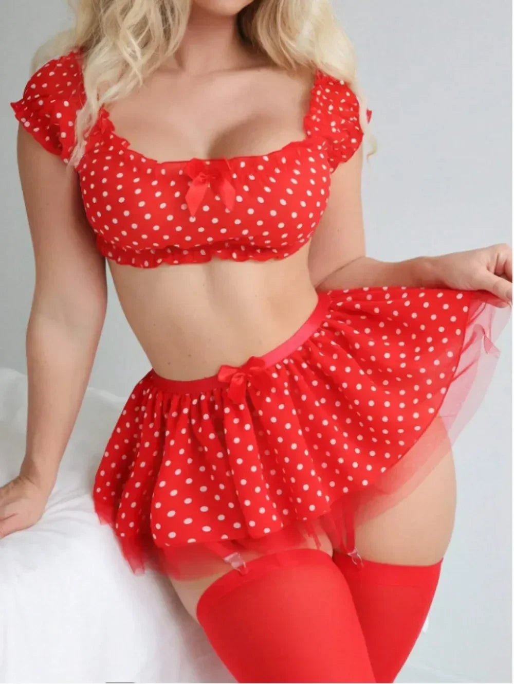Women's Erotic  Short Skirt with Garter Straps Sexy Lingerie Women Sexy Polka Dot Off Shoulder Puffy Skirt Polka  Exotic Set