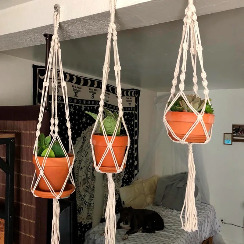 Macrame Plant Hanger – Handmade Hanging Rope Basket for Flower Pots