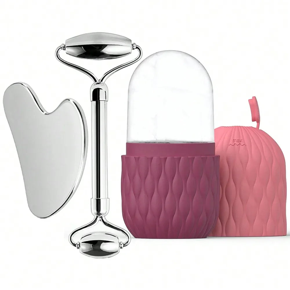 Ice Face Roller & Gua Sha Set – Stainless Steel Facial Massager for Lifting & Contouring