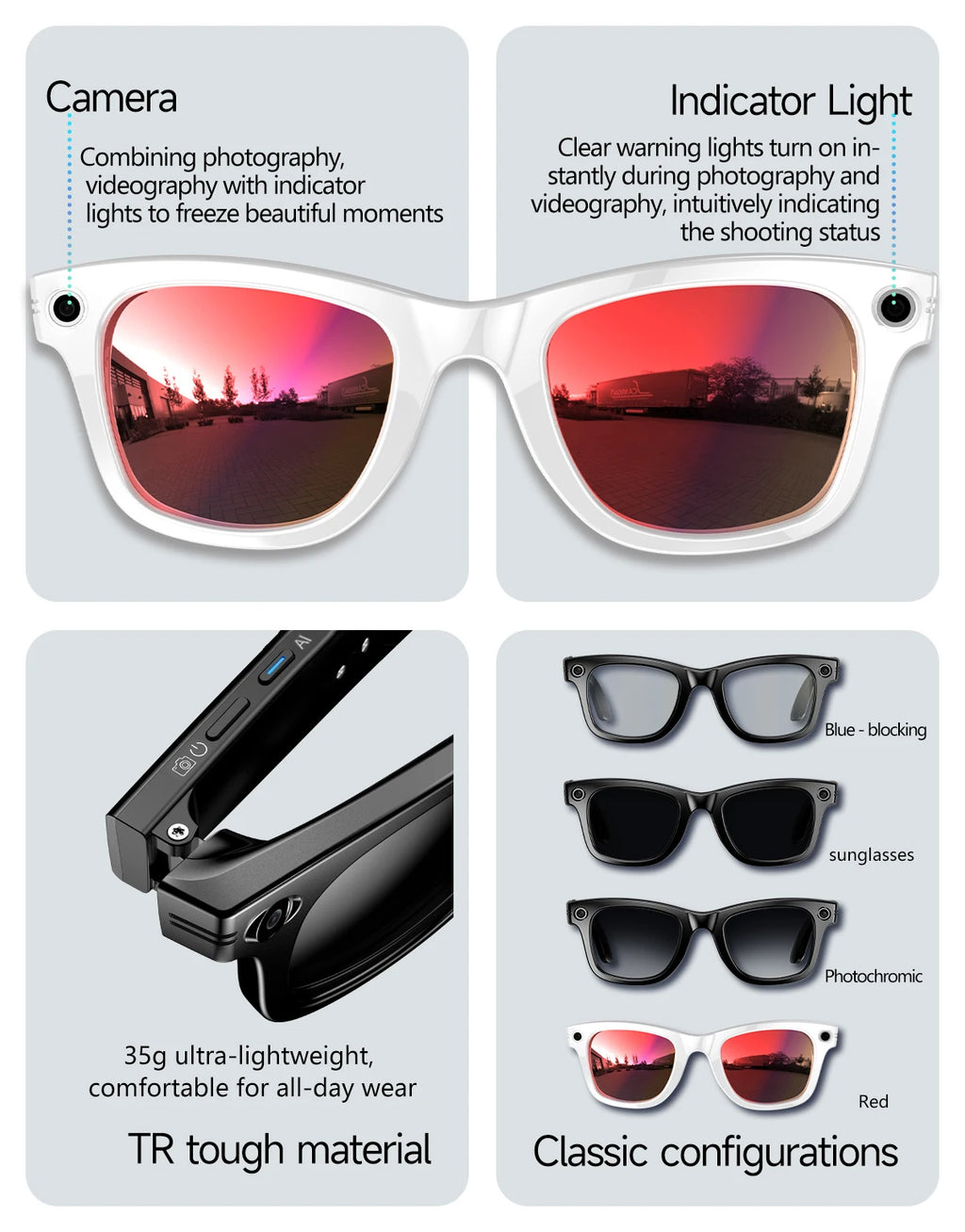 AI Smart Glasses with 8MP Camera Video Recording 100+ Languages Translation Blue LightSunglasses Bluetooth Call WIFI Men Women