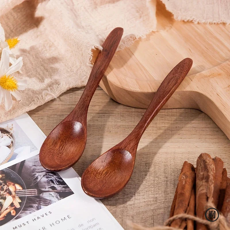 6PCS Wooden Tea Spoon Set Long Coffee Stirrer Honey Dessert Teaspoons Natural Wood Tableware
