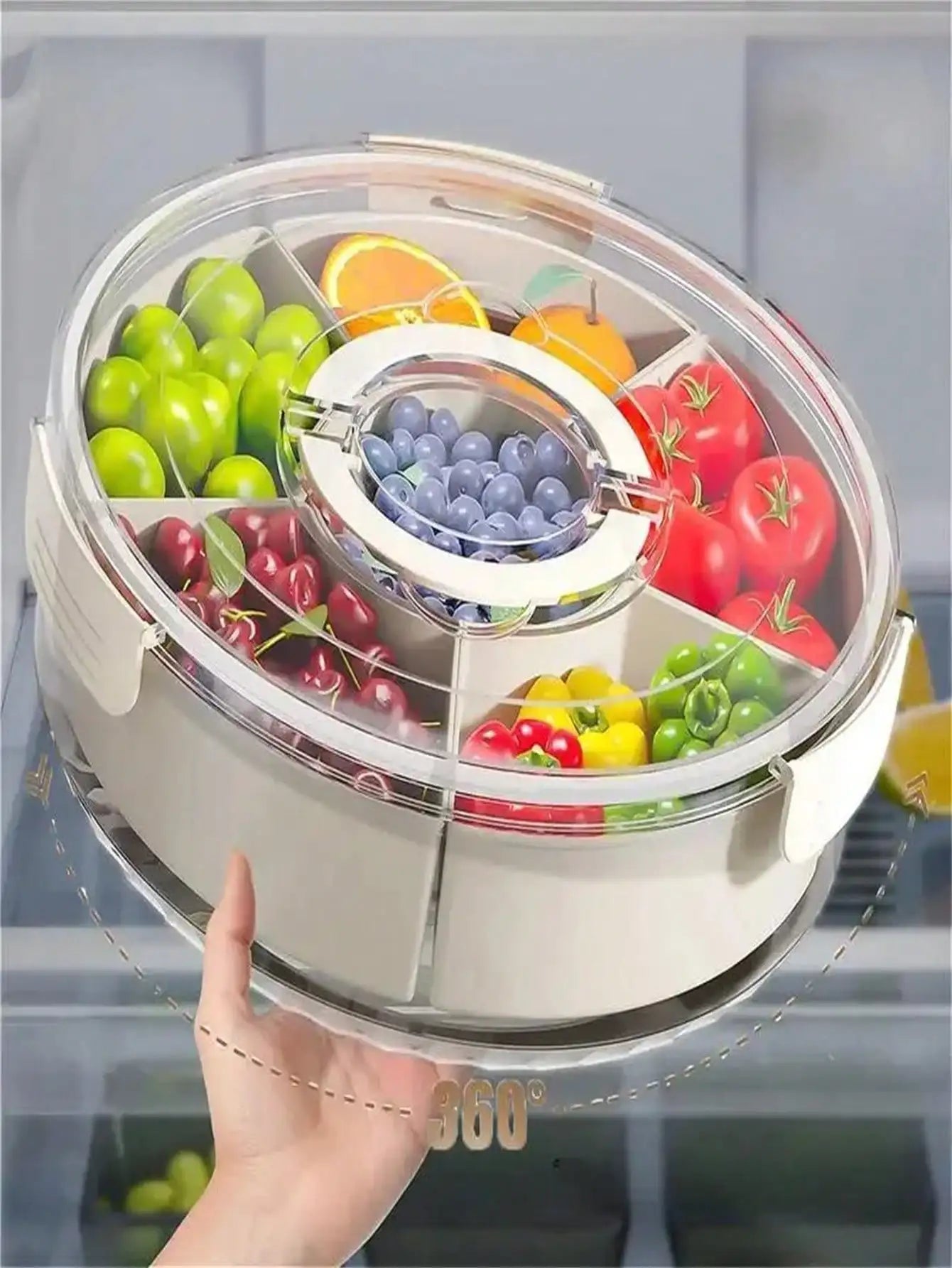 Portable Rotating Snack Tray with Lid – Divided Fruit & Snack Organizer