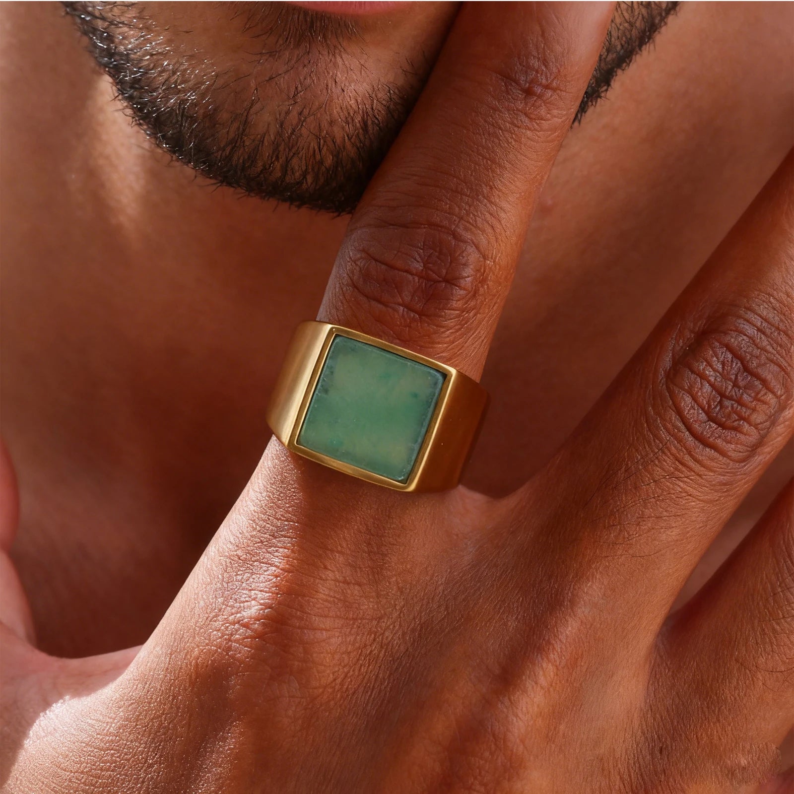 Natural Green Stone Square Ring for Men – Gold Colour Stainless Steel Punk Thumb Ring