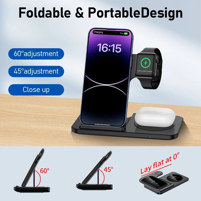 300W Foldable Wireless Charger Stand – 3 in 1 Fast Charging Dock