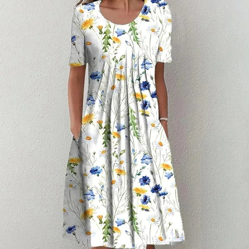 Summer Women’s Floral O-Neck Dress – Casual Knee-Length Short Sleeve A-Line Dress
