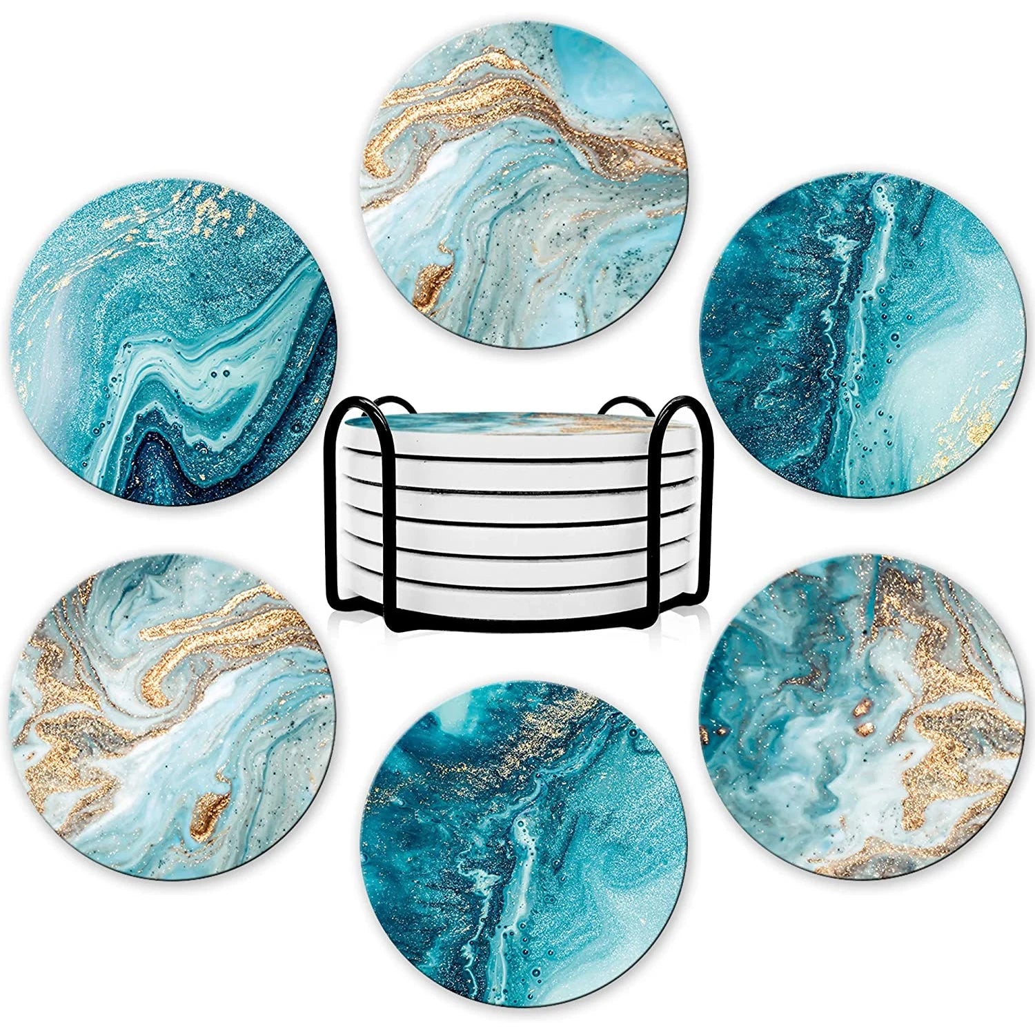 6PCS Ceramic Marble Coaster Set with Holder – Beverage Cup Coasters