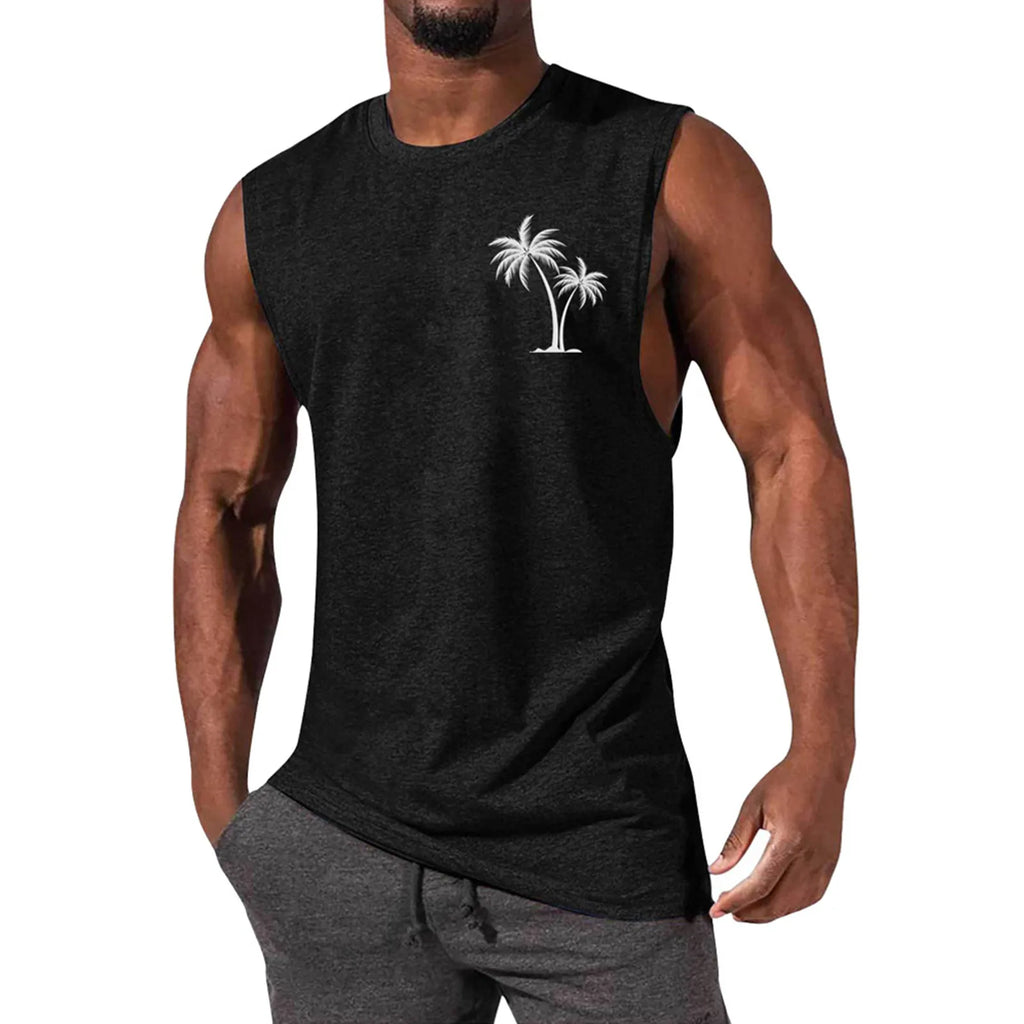 2025 Men'S Muscle Fitness Shirt Sports T-Shirt Gym Training Shirt Summer Casual Vest Tree Print Sleeveless Round Neck