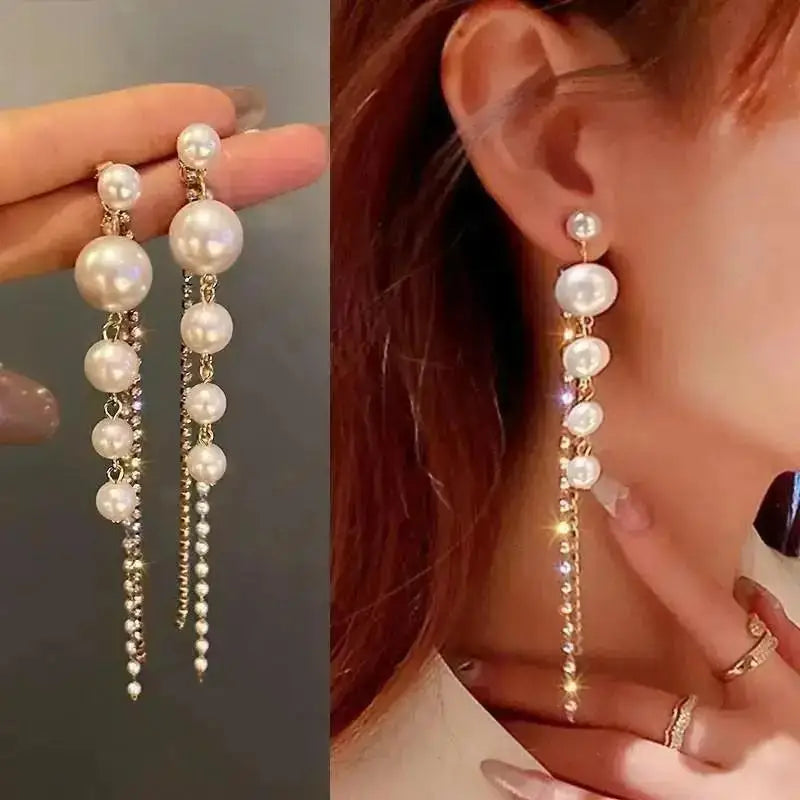 925 Silver Needle Pearl Tassel Drop Earrings for Women – Trendy Zircon Statement Jewellery