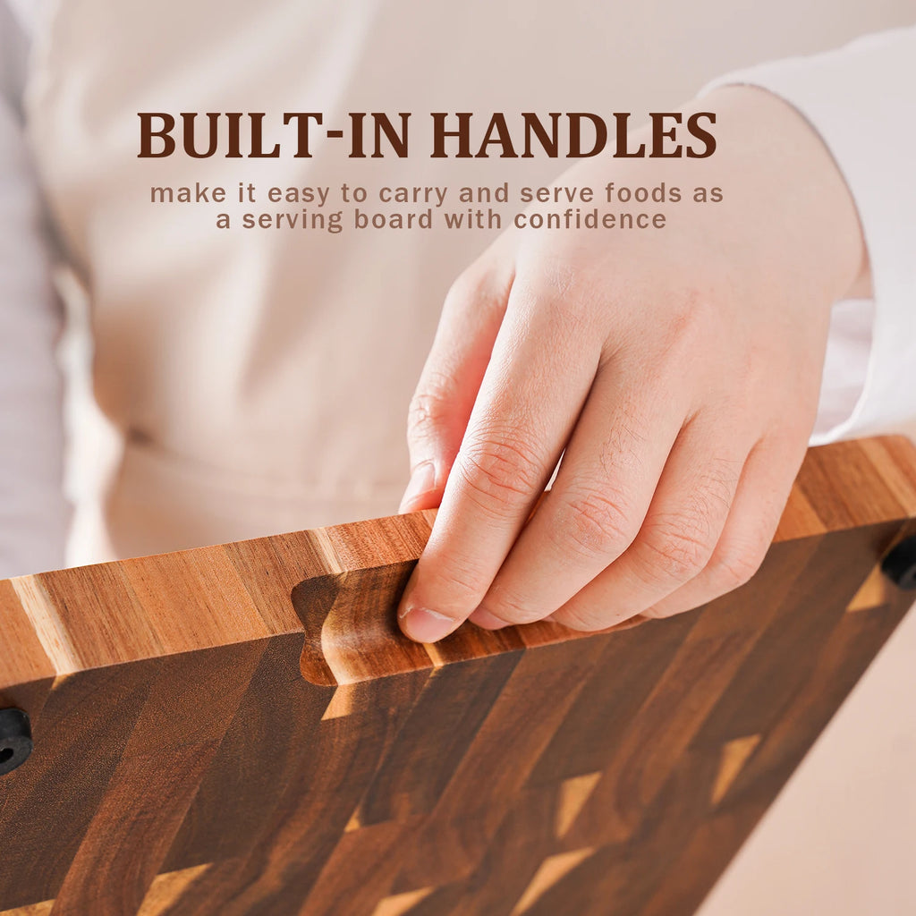 15 Inch End Grain Acacia Wood Cutting Board Rectangular Chopping Board with Side Handle Butcher Block