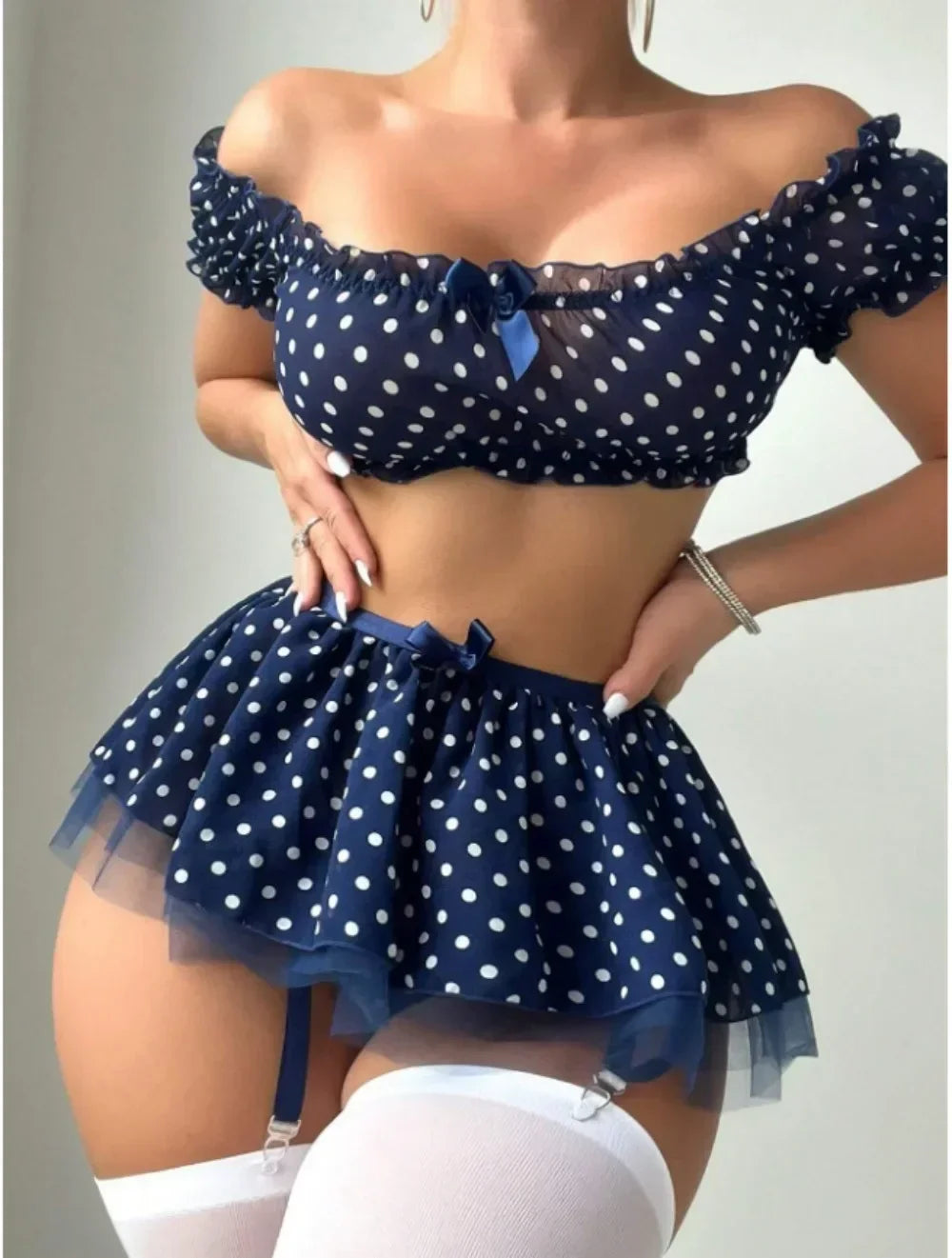 Women's Erotic  Short Skirt with Garter Straps Sexy Lingerie Women Sexy Polka Dot Off Shoulder Puffy Skirt Polka  Exotic Set
