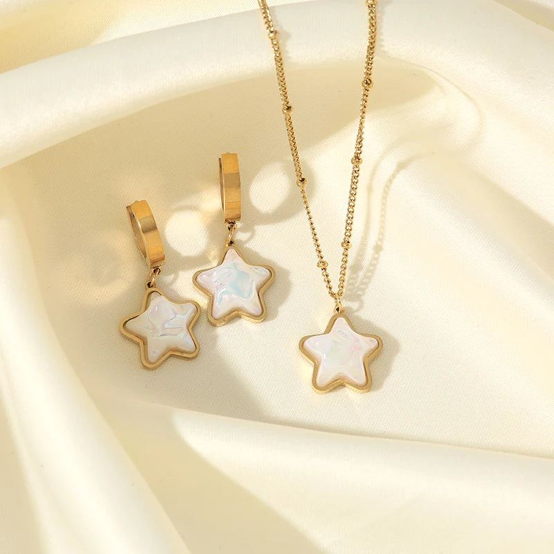 Gold Heart, Star & Flower Necklace and Earrings Set for Women – Waterproof Jewellery