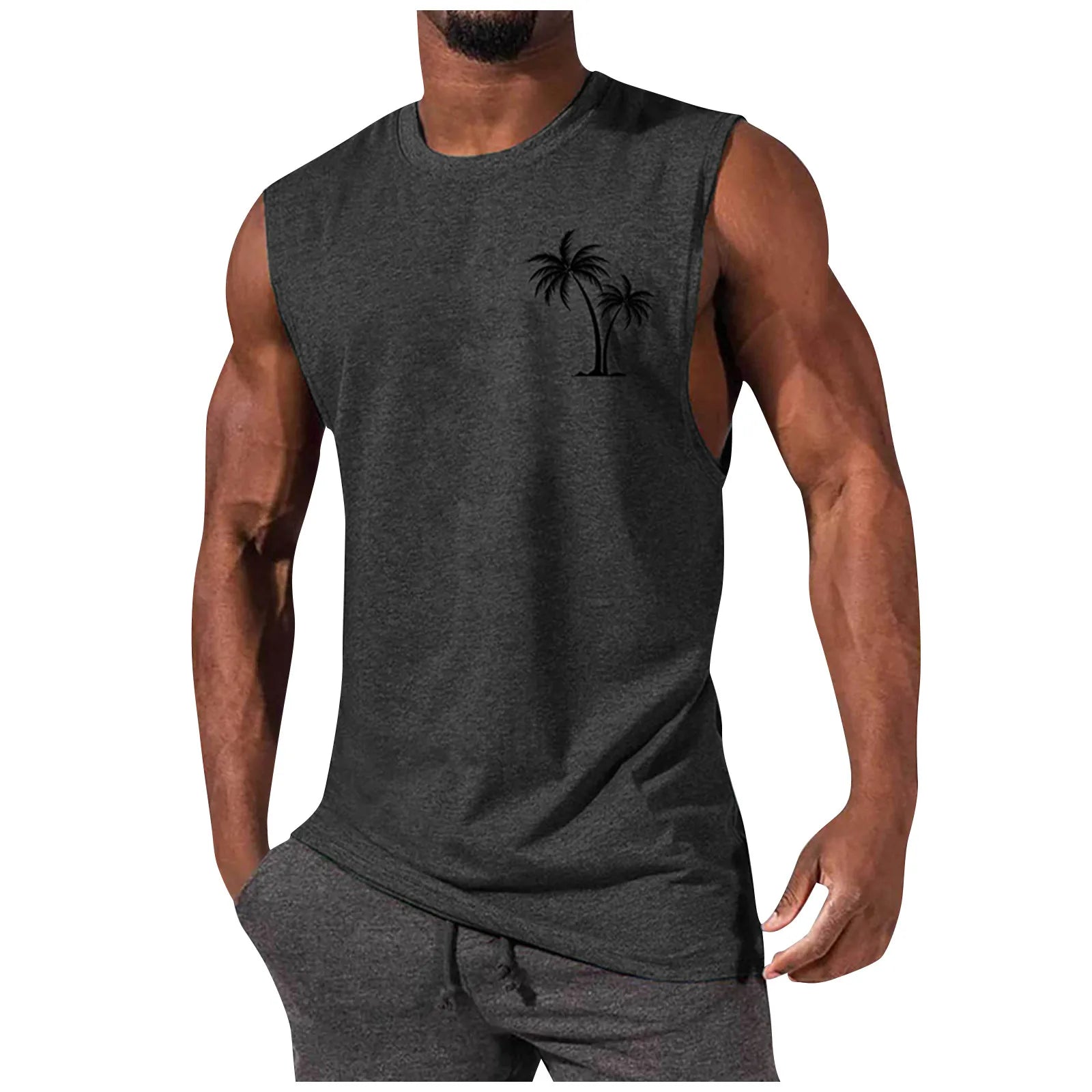 2025 Men'S Muscle Fitness Shirt Sports T-Shirt Gym Training Shirt Summer Casual Vest Tree Print Sleeveless Round Neck