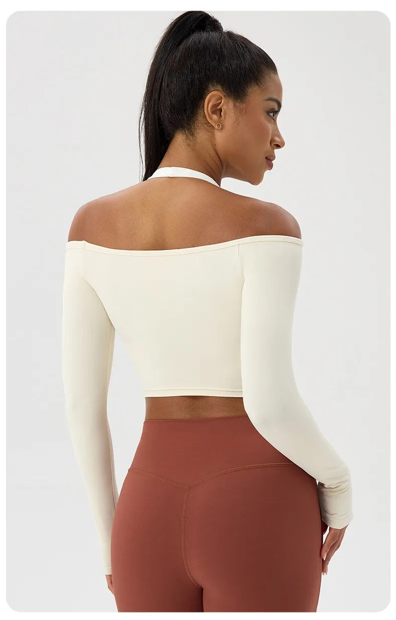 Women Sexy Off Shoulder Yoga Top Long Sleeve Gym Running Top Solid Quick-Dry Sport Workout Shirt