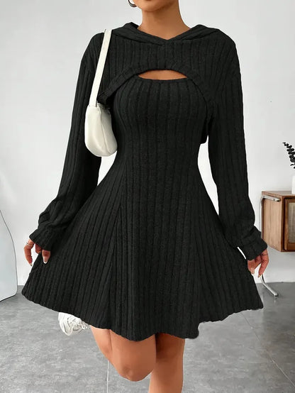 Women's Two-Piece Autumn Outfit – Long Sleeve Hooded Top & Sleeveless A-Line Dress