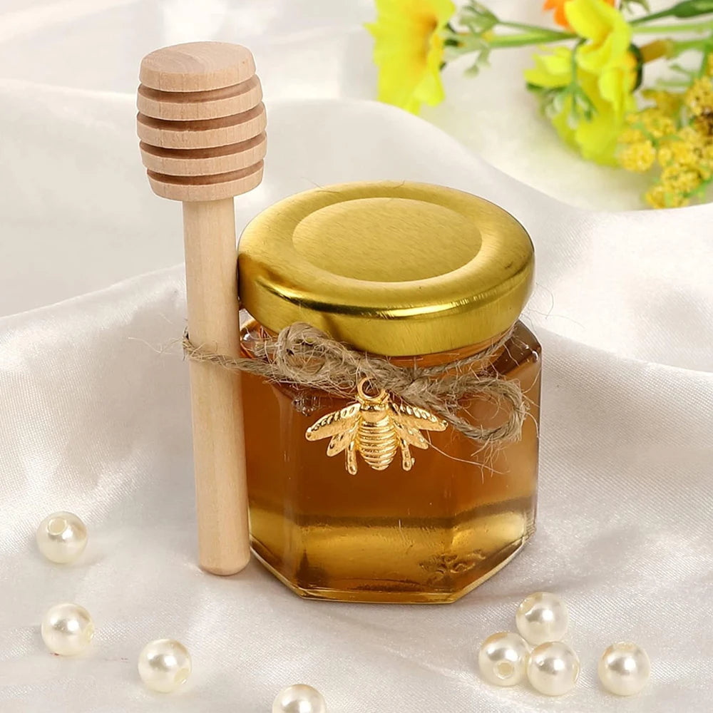 Hexagon Mini Honey Jars – Glass Jars with Dipper & Gold Lid