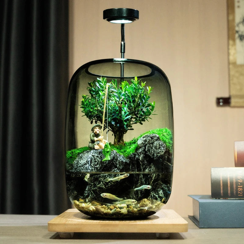 Mini Aquariums Indoor Glass Fish Tank Desktop Moss Micro-landscape Aquariums Modern Decoration Terrarium Fish Tanks with Lamp