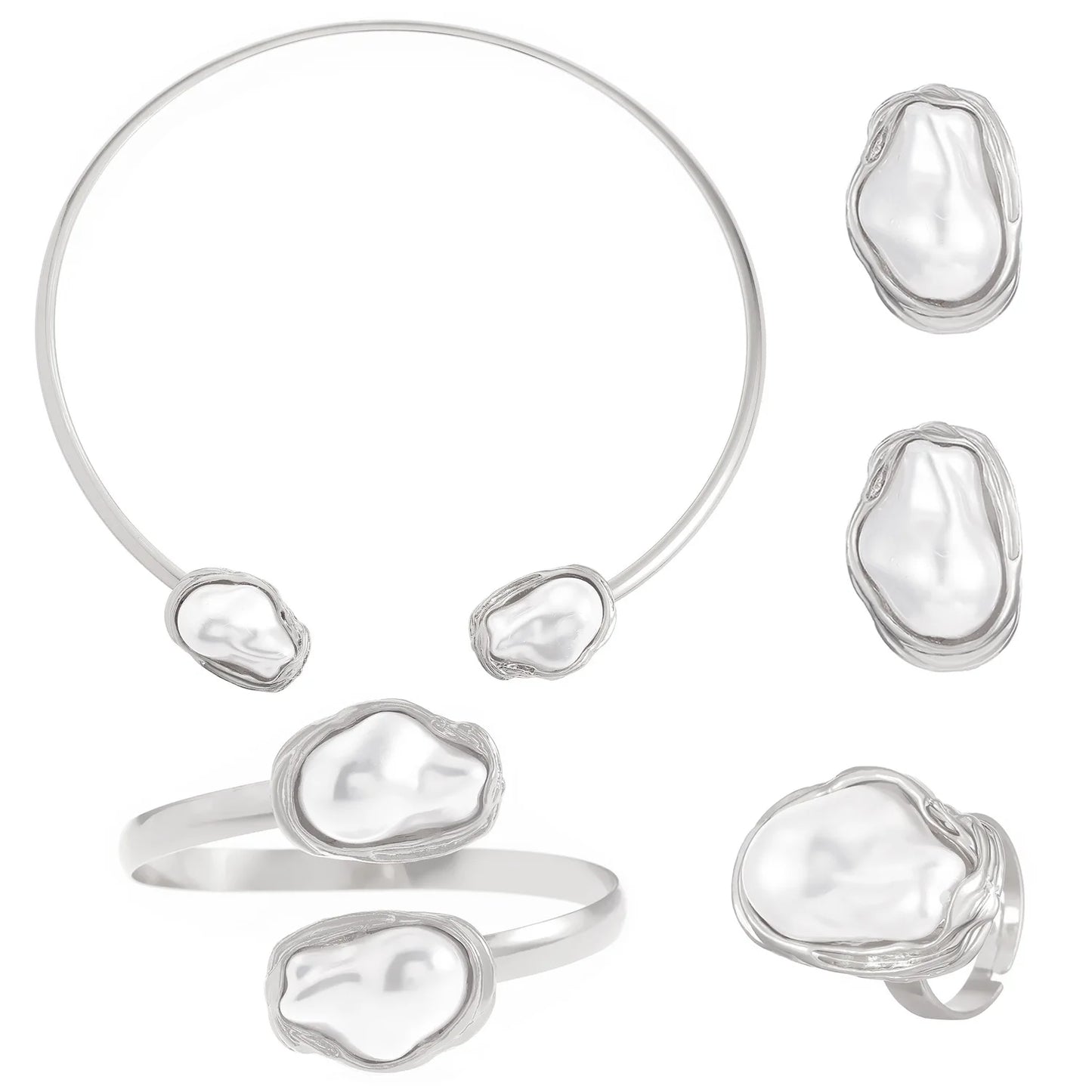 Trendy Baroque Pearl Necklace, Bracelet & Ring Set – Wedding & Party Jewellery for Women