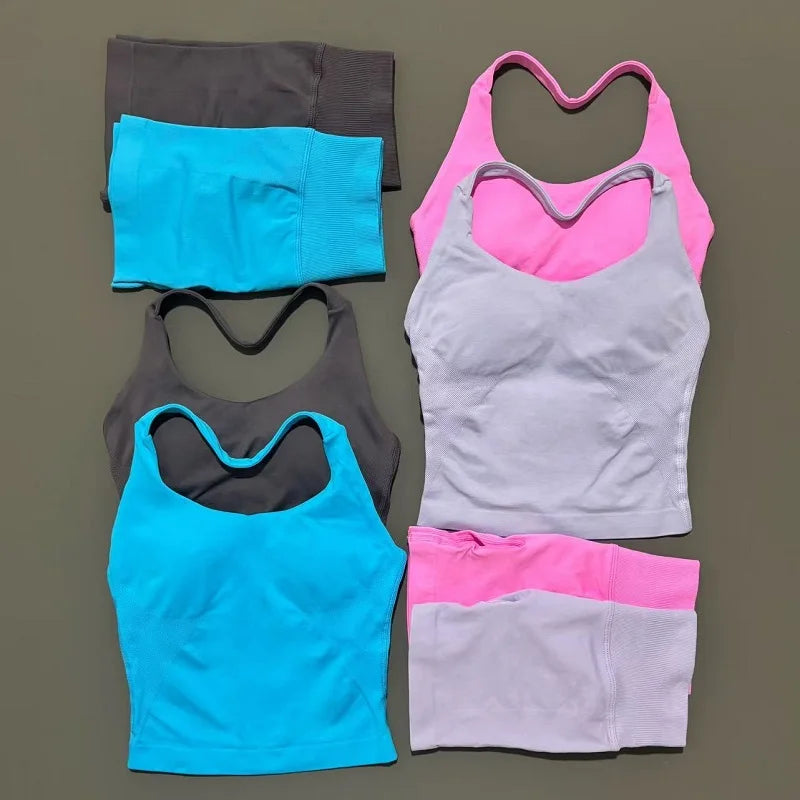 2 Pcs HISTELLO Halter Top Strappy Bra Shorts Set Women Yoga Workout Clothes Seamless Vest Hip-Lifting Sports Leggings Gym Suit