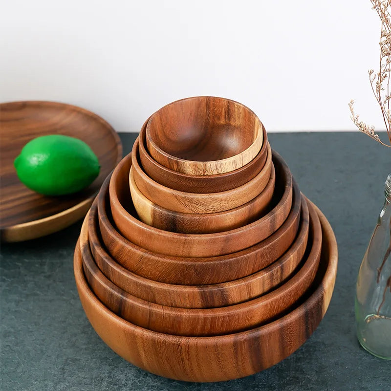 Extra Large Solid Wood Bowl & Tray Set Round Wooden Salad Bowl Ramen Mixing Bowl Natural Wood Tableware