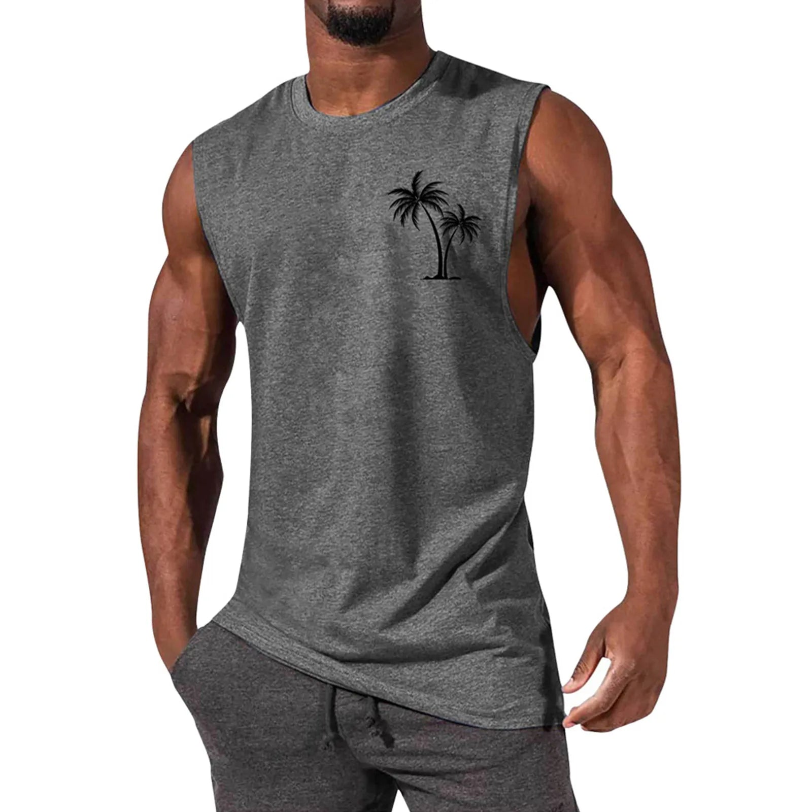 2025 Men'S Muscle Fitness Shirt Sports T-Shirt Gym Training Shirt Summer Casual Vest Tree Print Sleeveless Round Neck