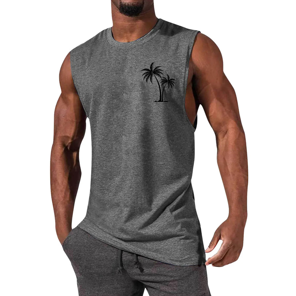 2025 Men'S Muscle Fitness Shirt Sports T-Shirt Gym Training Shirt Summer Casual Vest Tree Print Sleeveless Round Neck
