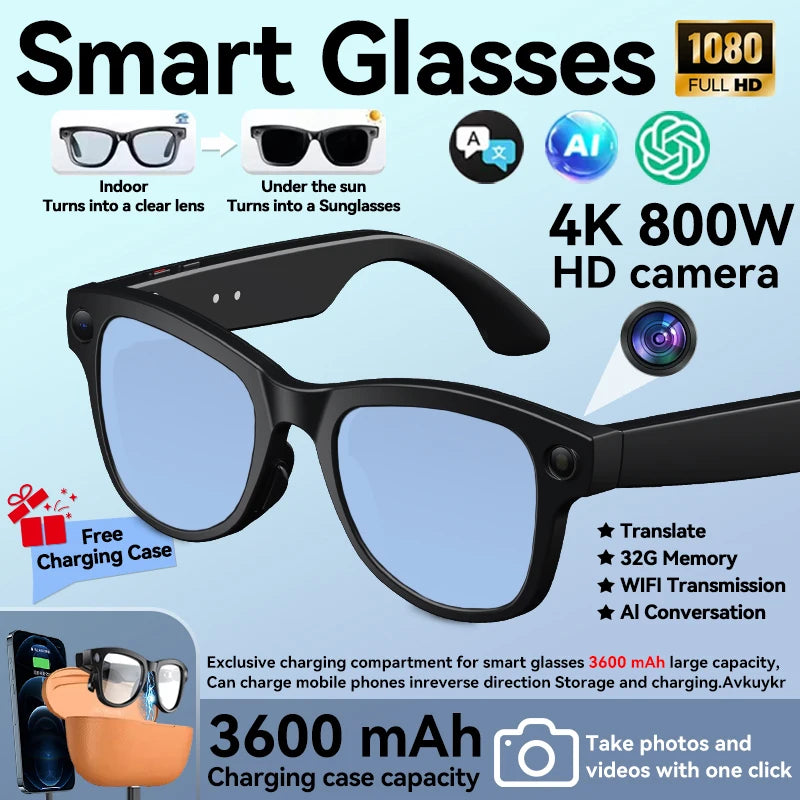 2026 New 800W 4K HD AI Smart Glasses Men Record Video 3600mAh Battery 120 Languages Translation Music Player Glasses With Camera