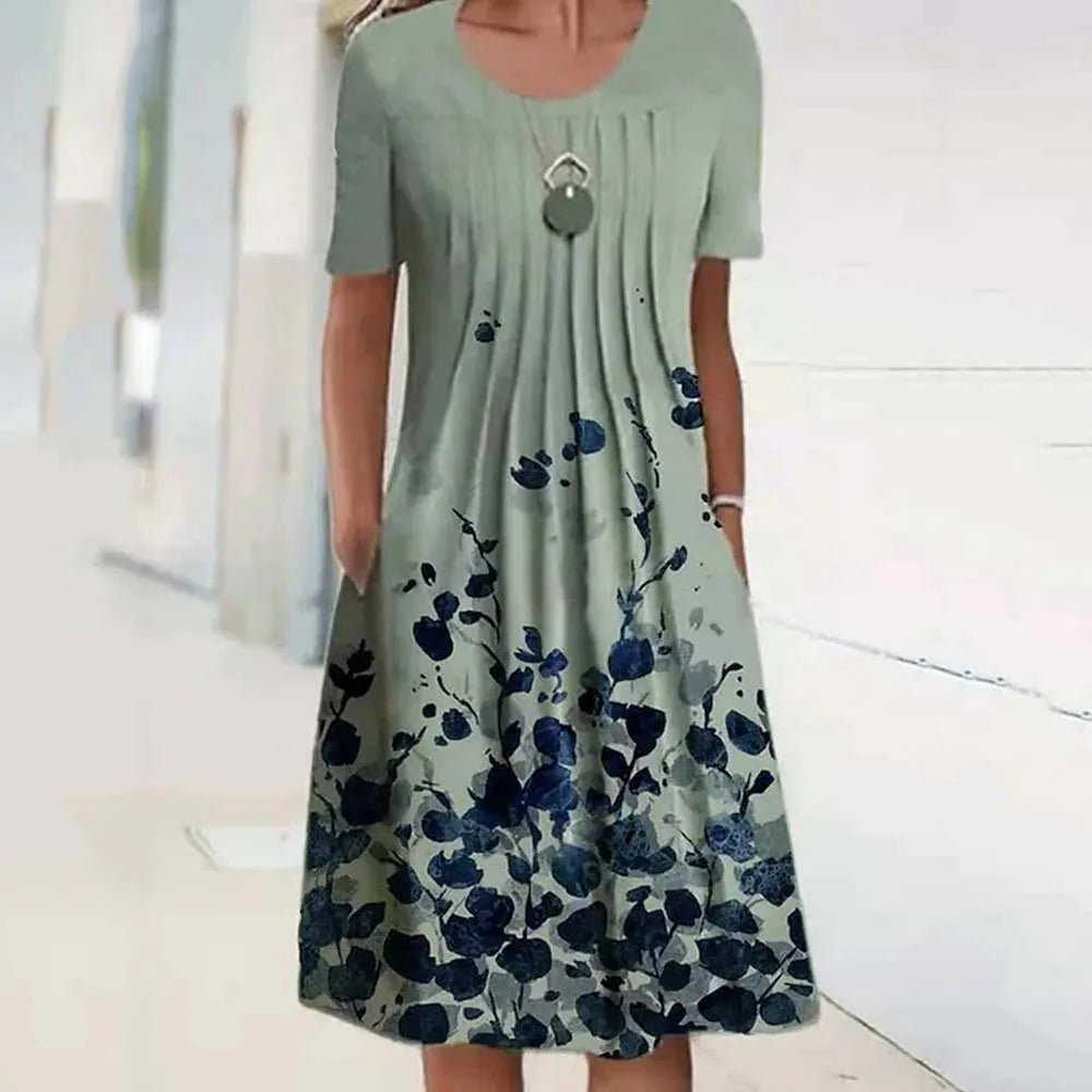 Summer Women’s Floral O-Neck Dress – Casual Knee-Length Short Sleeve A-Line Dress