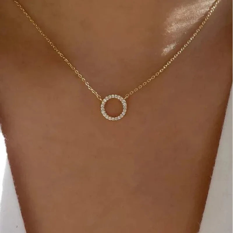 Elegant Gold Circle Crystal Pendant Necklace for Women – Minimalist Party Jewellery Gift