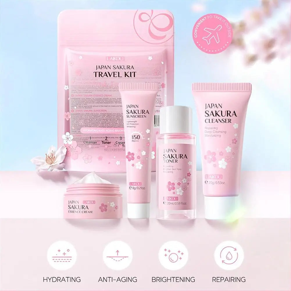 Cherry Blossom Travel Skin Care Set – Cleanser, Serum, Eye & Face Cream, Sunscreen