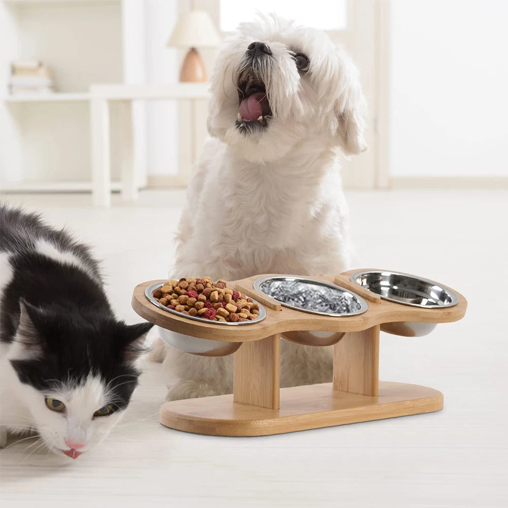 Raised Cat Feeder 3 in 1 – Stainless Steel Bowls with Wood Stand