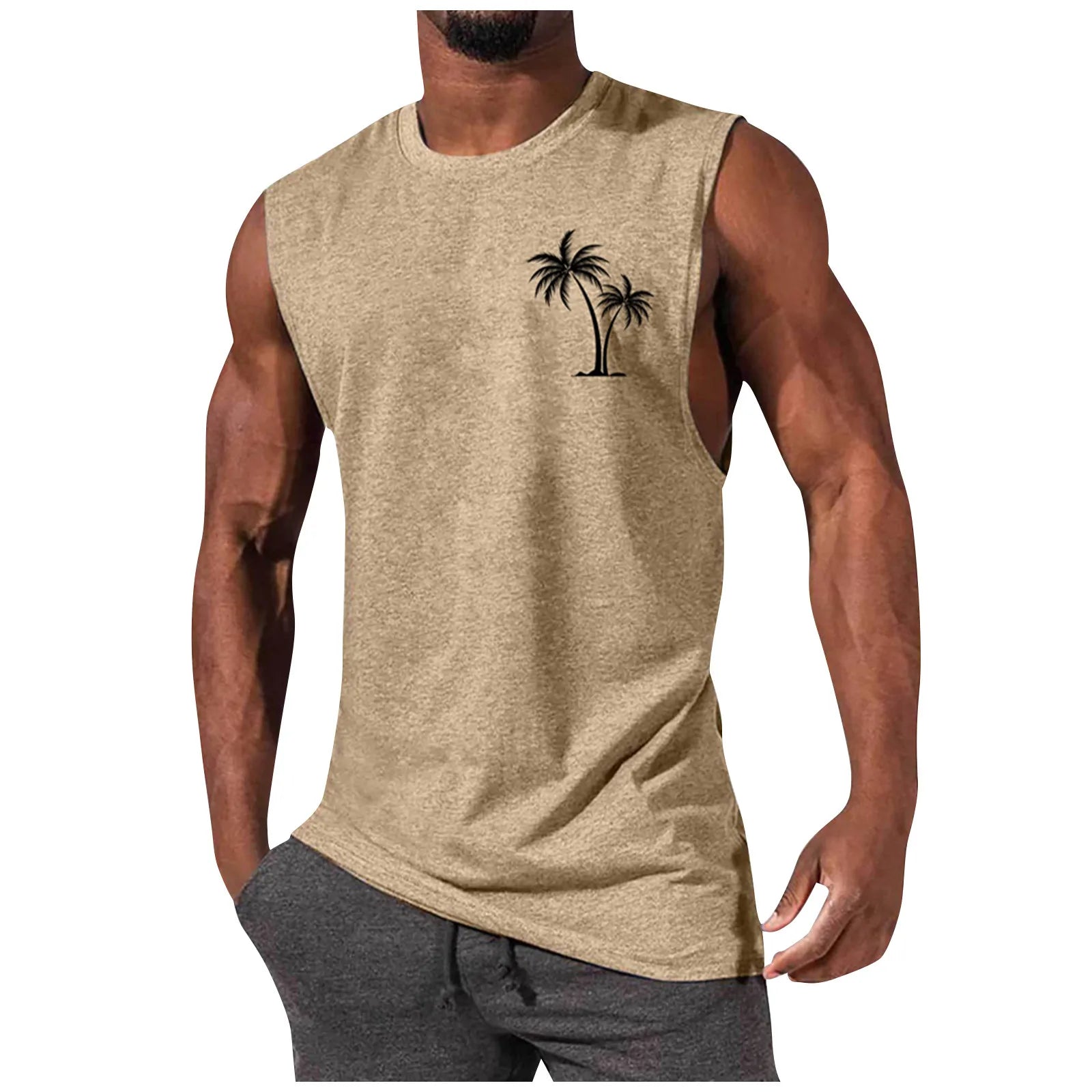 2025 Men'S Muscle Fitness Shirt Sports T-Shirt Gym Training Shirt Summer Casual Vest Tree Print Sleeveless Round Neck