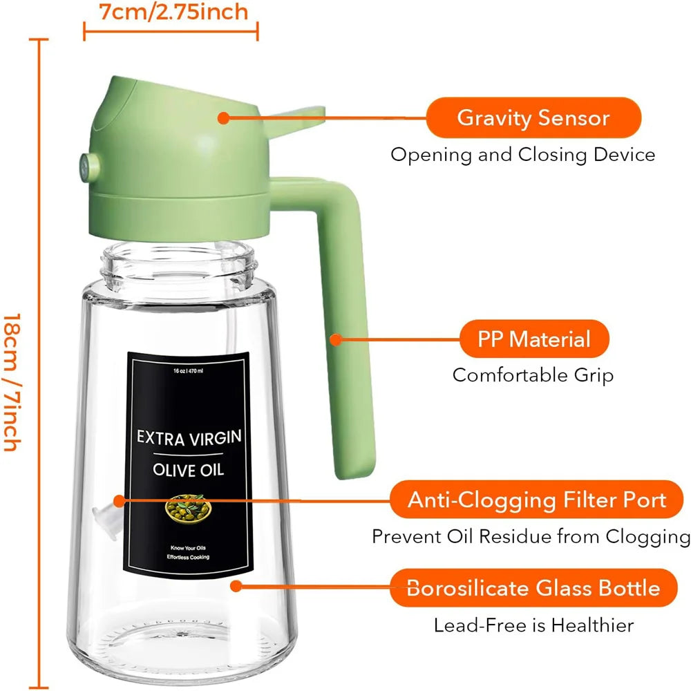 2 in 1 Oil Sprayer Bottle – 470ml Glass Olive Oil Dispenser