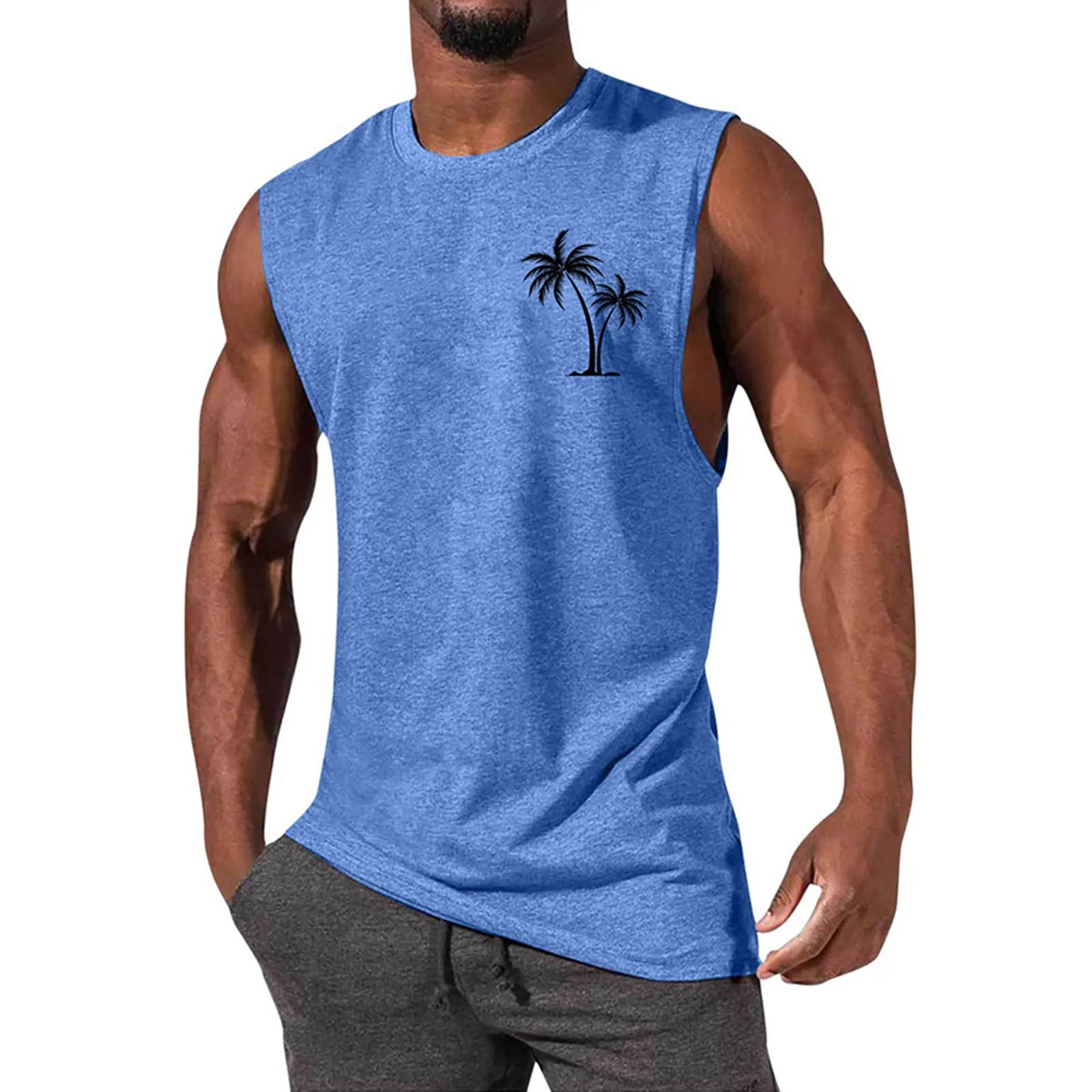 2025 Men'S Muscle Fitness Shirt Sports T-Shirt Gym Training Shirt Summer Casual Vest Tree Print Sleeveless Round Neck